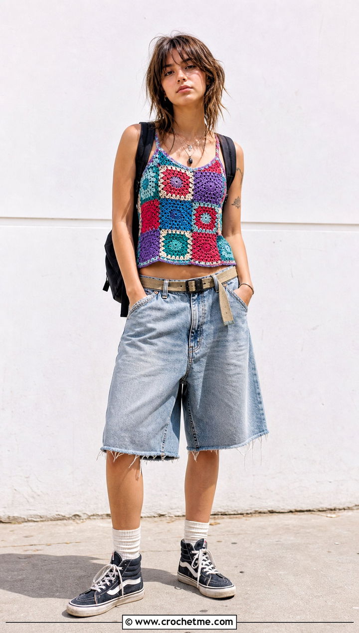 Patchwork Crochet Tank Top With Denim Bermuda Shorts - 35 grunge crochet top outfit ideas
