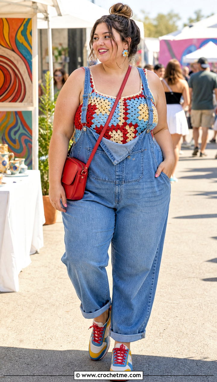 Patchwork Crochet Tank Top With Denim Overalls - 25 plus size crochet tank top outfit ideas