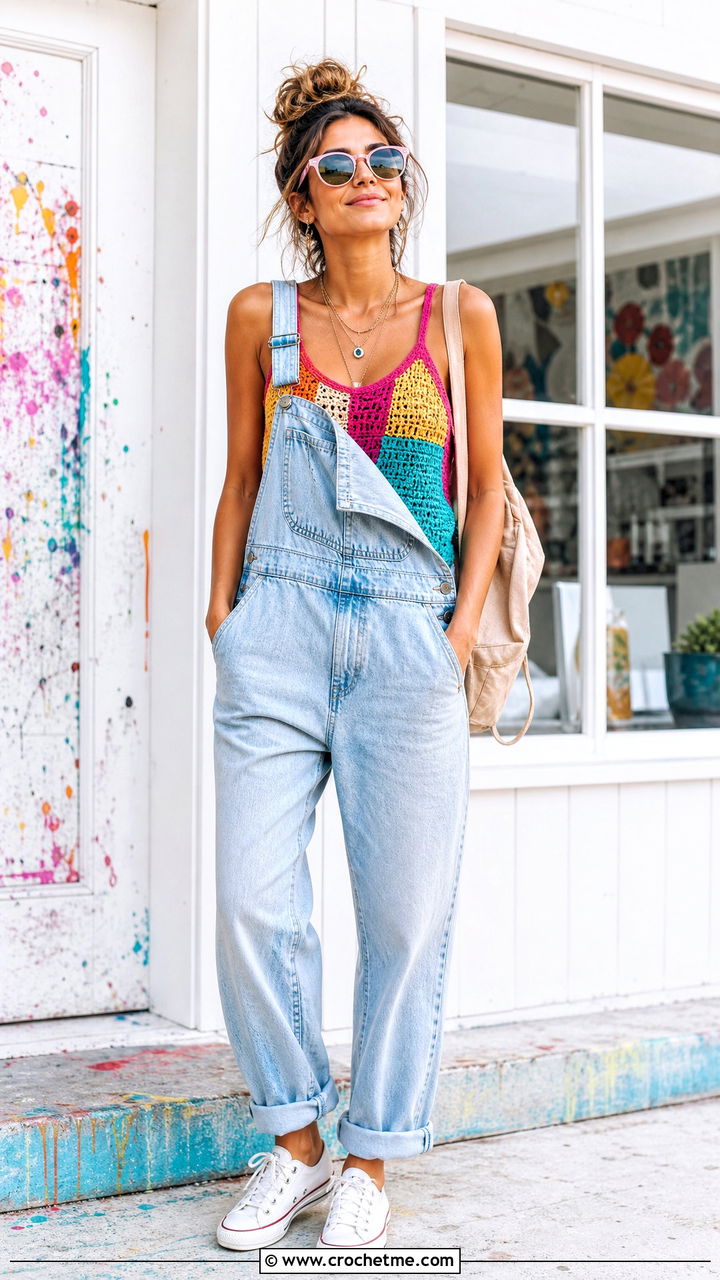 Patchwork Crochet Tank Top With Denim Overalls - 35 crochet tank top outfit ideas
