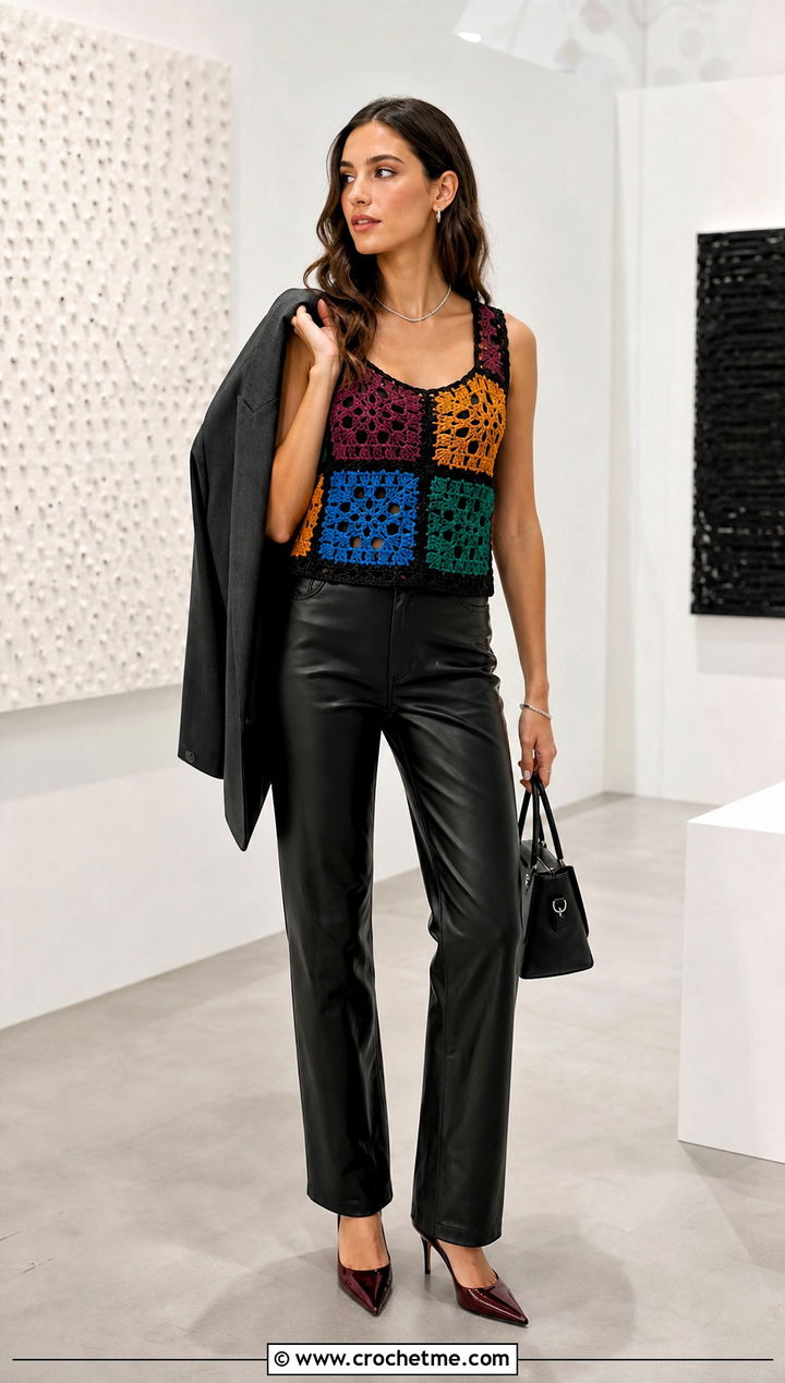 Patchwork Crochet Tank Top With Leather Pants - 25 Spring Crochet Tops outfit ideas