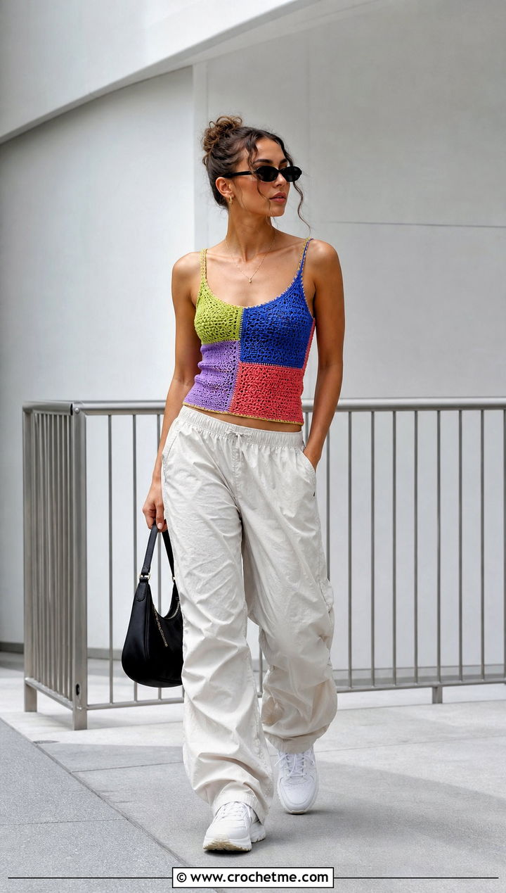 Patchwork Crochet Tank Top With Parachute Pants - 20 crochet tank tops aesthetic outfit ideas