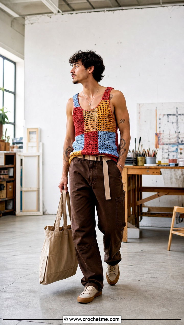 Patchwork Crochet Tank Top With Workwear Pants - 25 crochet mens tank top outfit ideas
