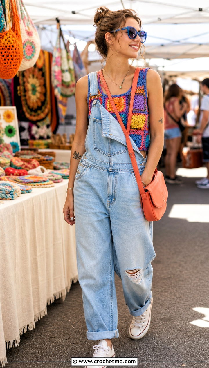 Patchwork Crochet Tank With Overalls - 35 aesthetic crochet summer tops outfit ideas