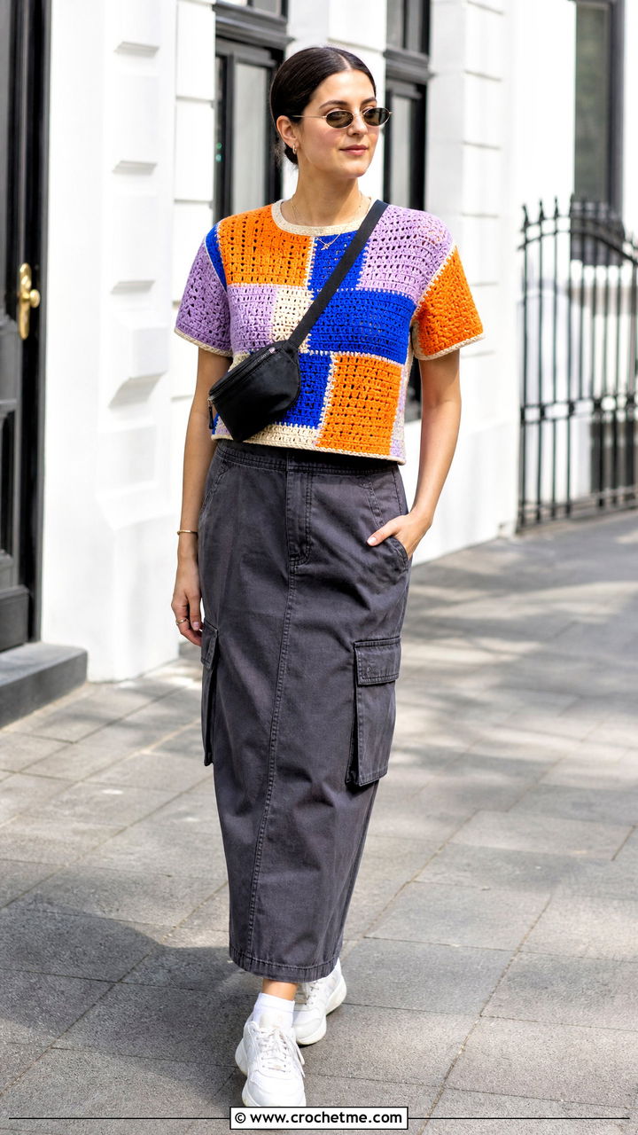 Patchwork Crochet Tee With Cargo Maxi Skirt - 35 crocheted tops outfit ideas