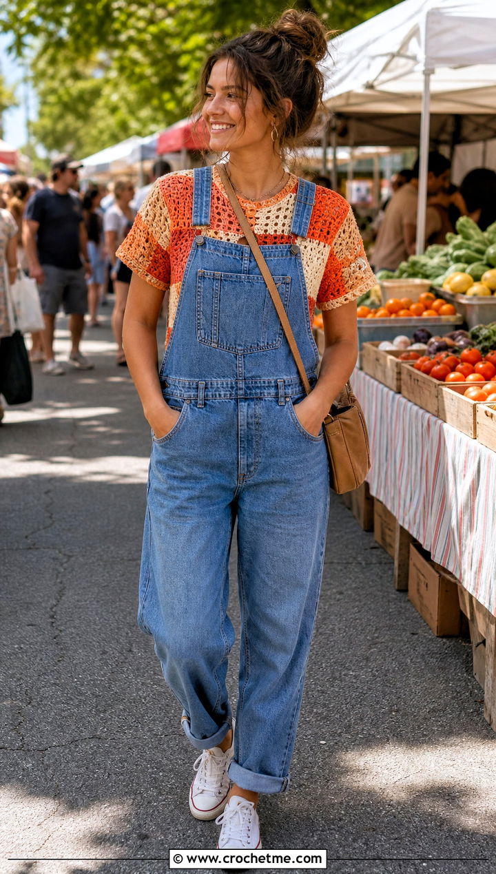 Patchwork Crochet Tee With Denim Overalls - 35 Outfit With Crochet Top outfit ideas