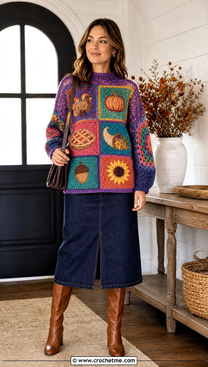 Patchwork Crochet Thanksgiving Sweater With Denim Midi Skirt - 25 Crochet Thanksgiving Sweater outfit ideas