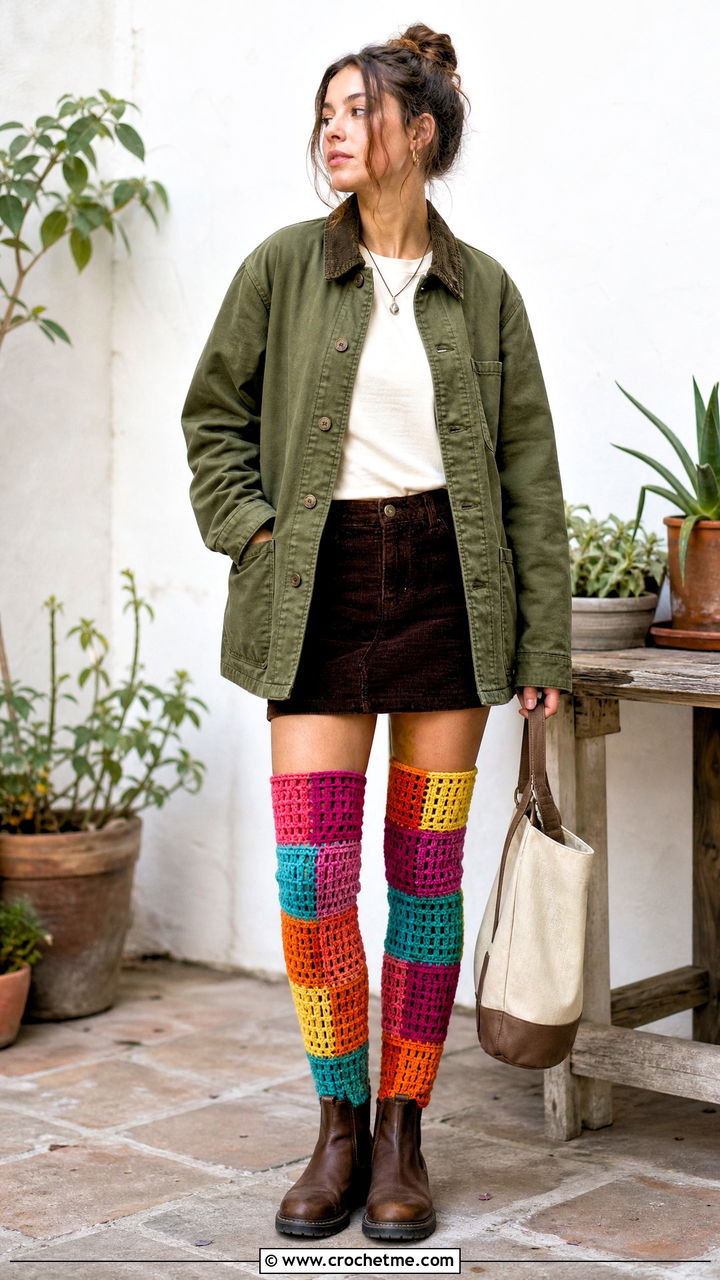 Patchwork Crochet Thigh High Socks With Chore Jacket - 35 crochet thigh high socks outfit ideas