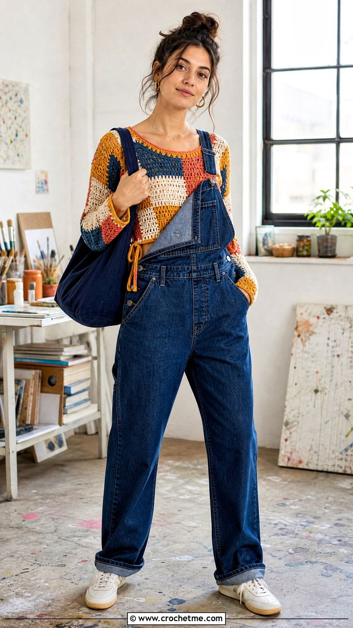 Patchwork Crochet Tie Top With Denim Overalls - 35 crochet tie top outfit ideas