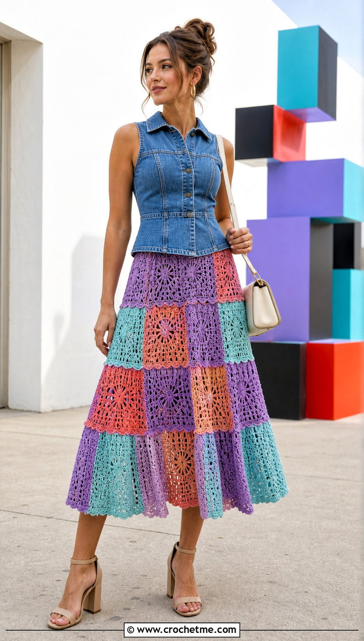 Patchwork Crochet Tiered Midi Skirt With Denim Top - 35 crochet tiered skirt outfit ideas