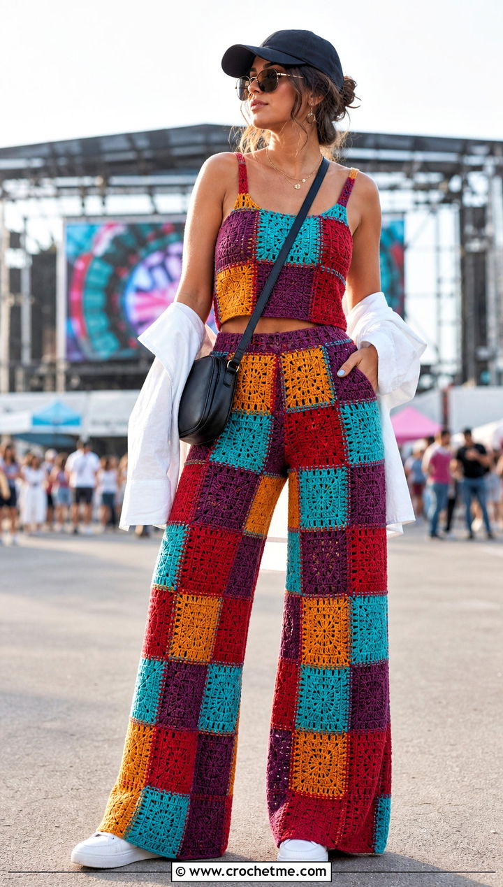 Patchwork Crochet Top And Wide Leg Pants Set - 25 festival crochet two piece outfit ideas