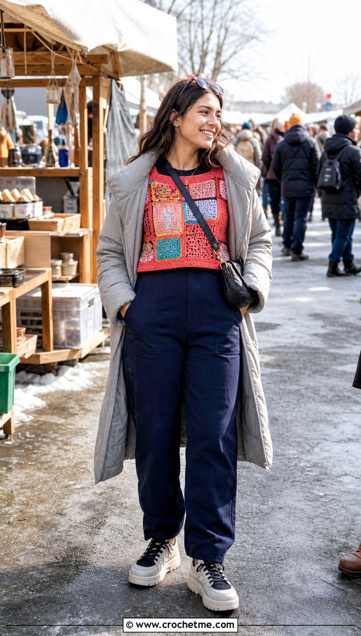Patchwork Crochet Top Over A Utility Jumpsuit - 35 winter crochet top outfit ideas