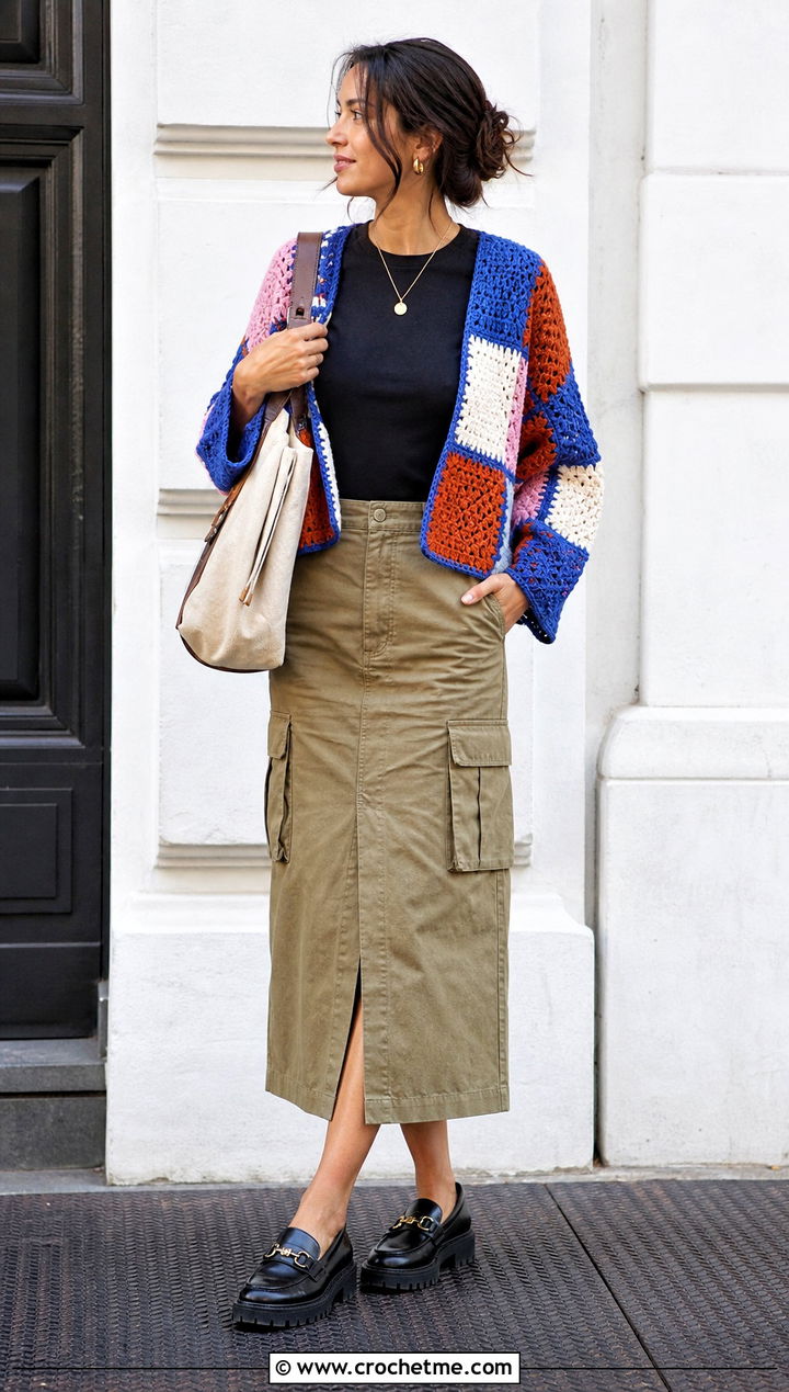 Patchwork Crochet Top Shrug With Utility Midi Skirt - 30 crochet top shrug outfit ideas