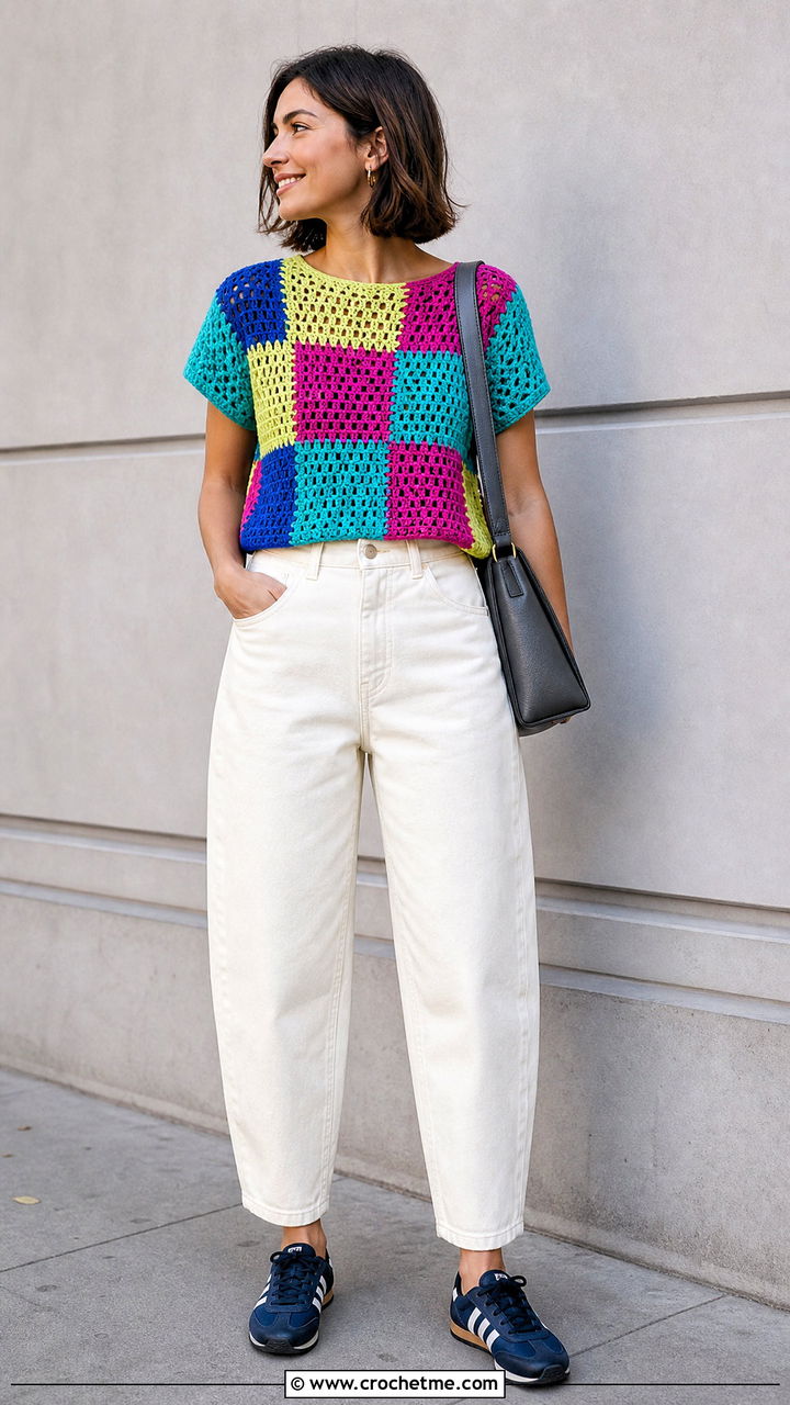 Patchwork Crochet Top With Barrel Jeans - 35 trendy crochet tops outfit ideas