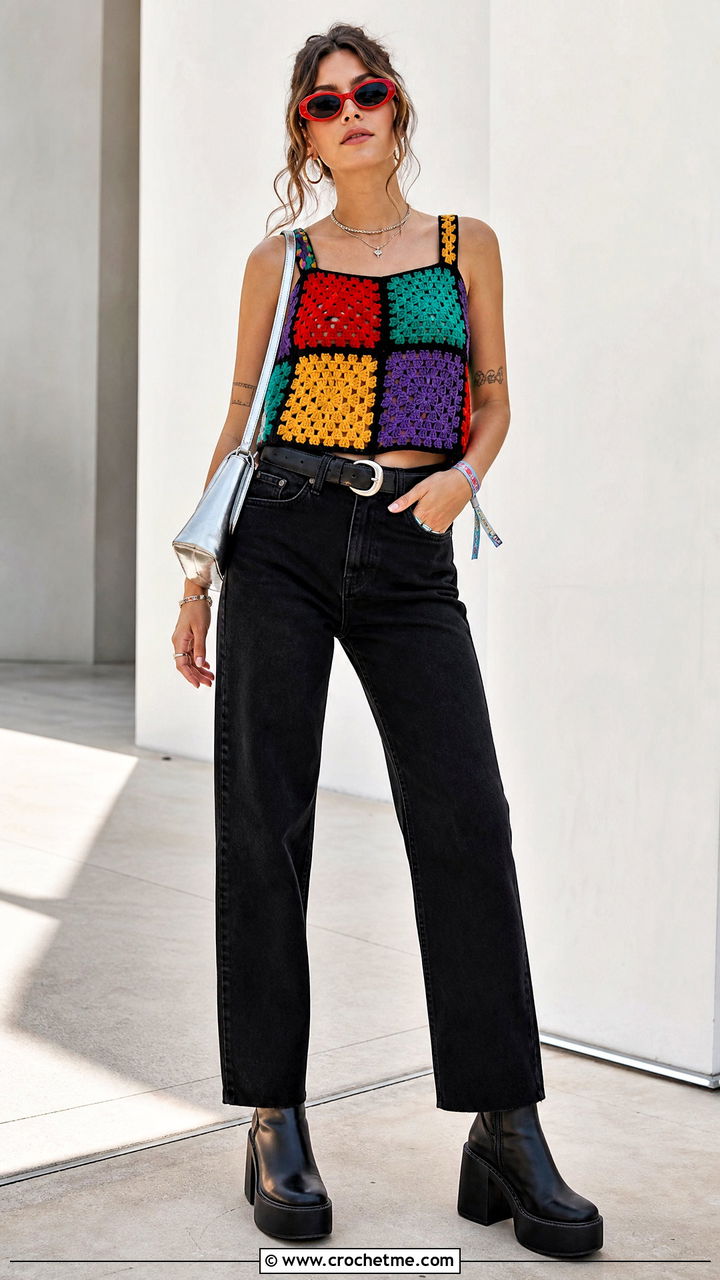Patchwork Crochet Top With Black Denim - 35 crochet festival top outfit ideas