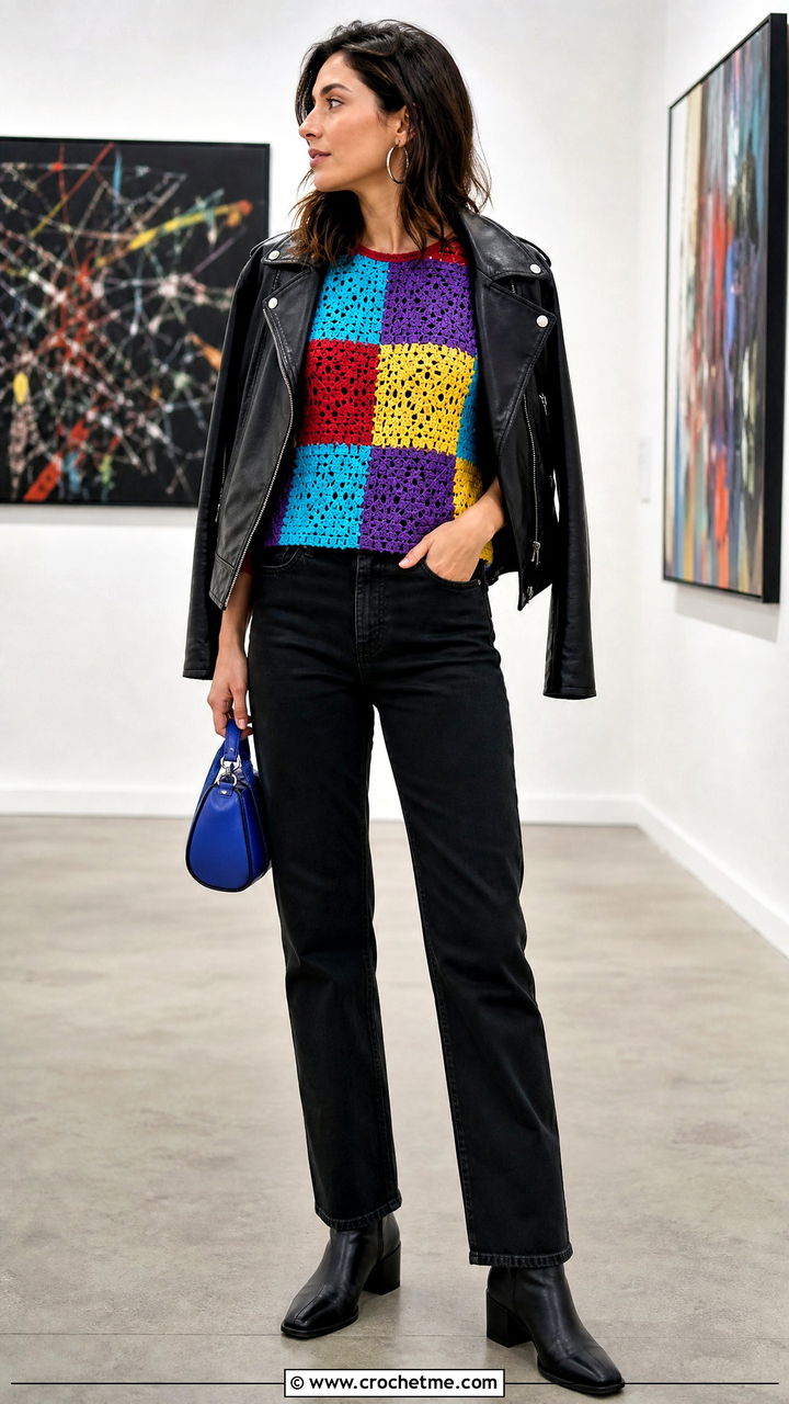 Patchwork Crochet Top With Black Denim - 35 crochet fall top outfit ideas