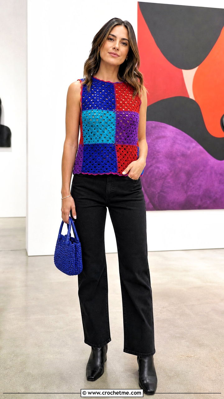 Patchwork Crochet Top With Black Jeans - 35 aesthetic crochet top outfit ideas