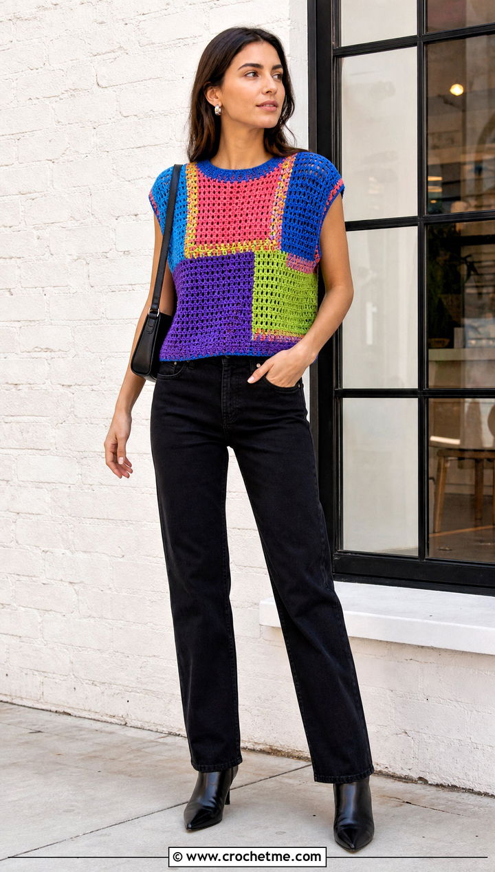 Patchwork Crochet Top With Black Jeans - 35 cute crochet tops ideas