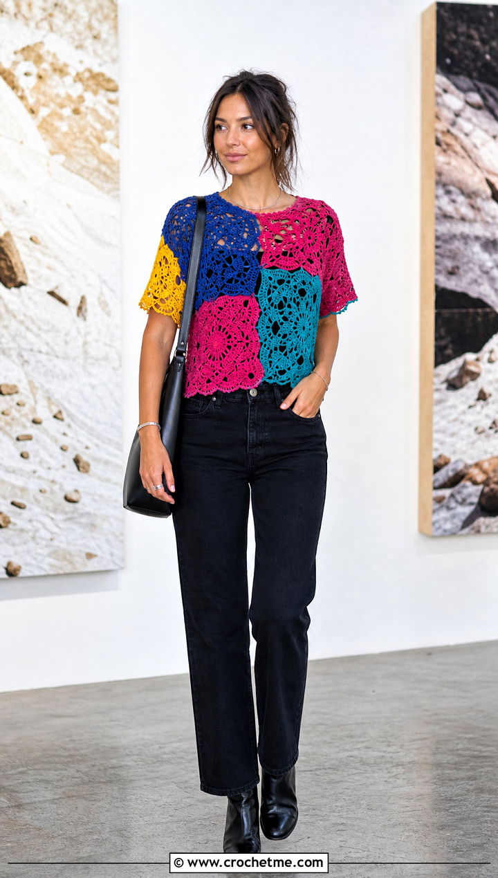 Patchwork Crochet Top With Black Jeans - 35 lacy crochet top outfit ideas