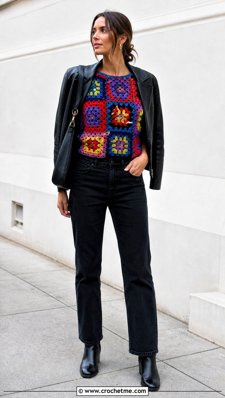 Patchwork Crochet Top With Black Jeans - 30 crochet fall tops outfit ideas