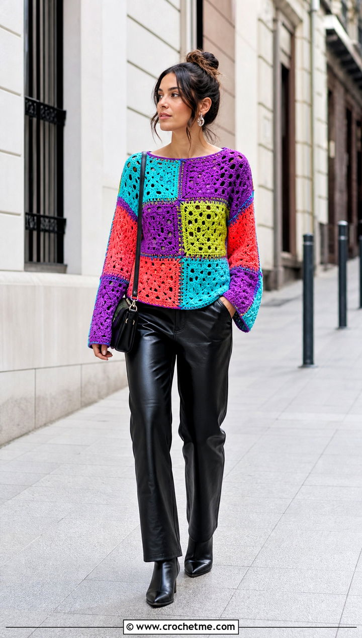 Patchwork Crochet Top With Black Leather Pants - 35 Easy Crochet Top outfit ideas