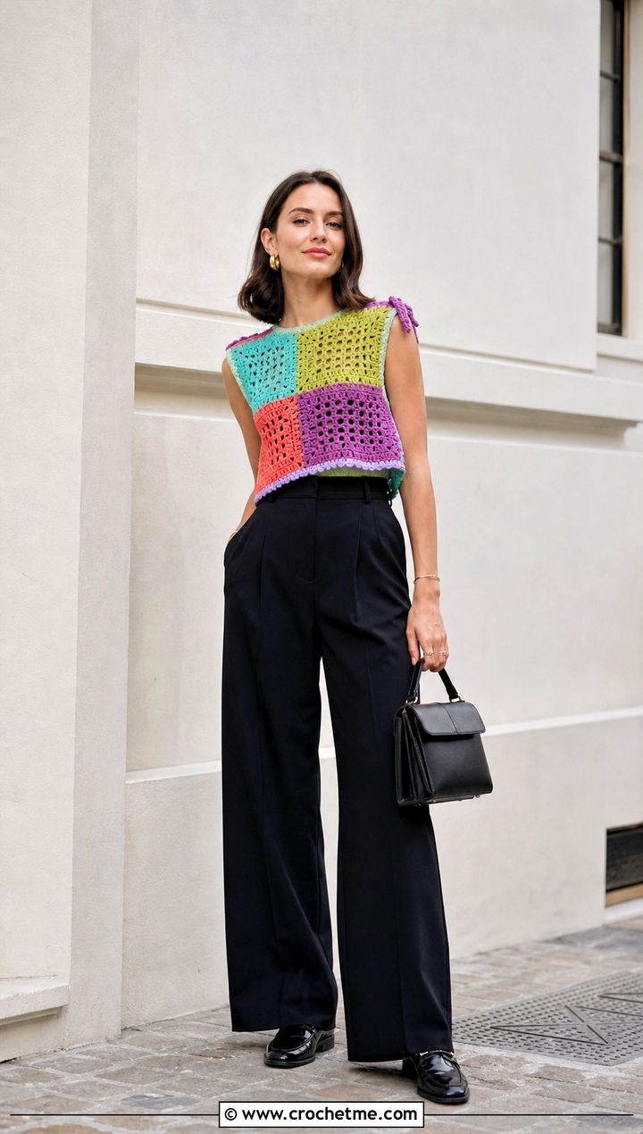 Patchwork Crochet Top With Black Trousers - 35 Women Crochet Top outfit ideas