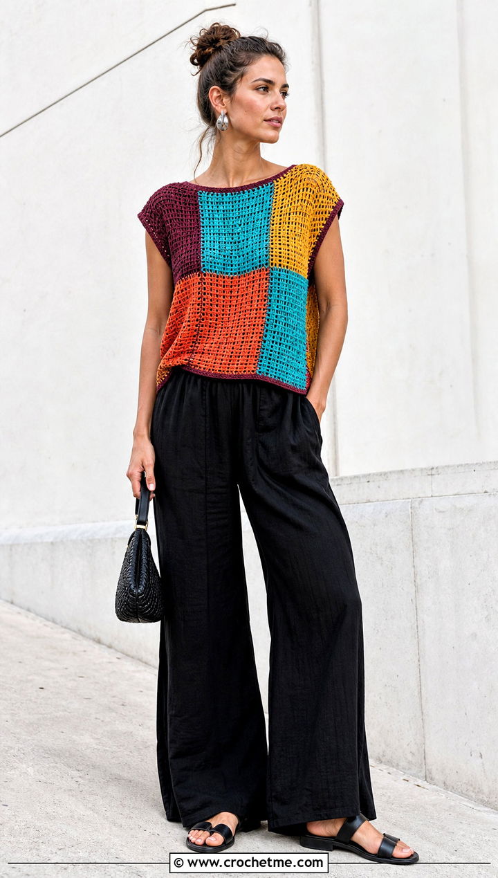 Patchwork Crochet Top With Black Trousers - 35 crochet top for summer outfit ideas