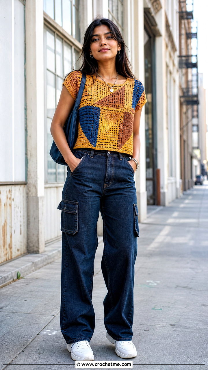 Patchwork Crochet Top With Cargo Jeans - 35 styling crochet tops outfit ideas