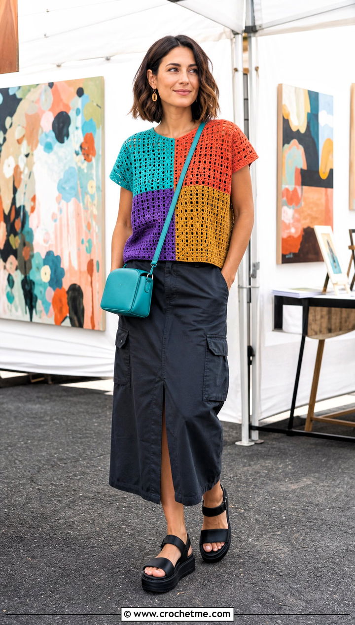 Patchwork Crochet Top With Cargo Skirt - 30 crochet short sleeve top outfit ideas