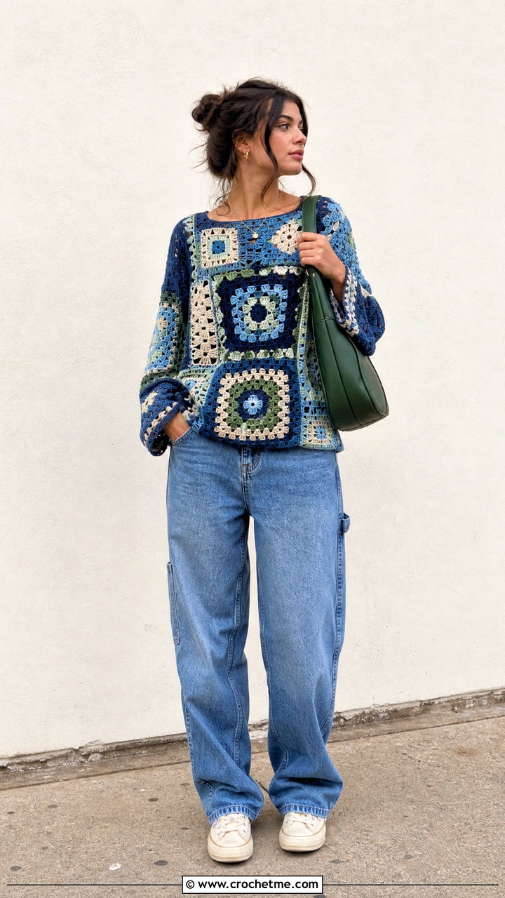 Patchwork Crochet Top With Carpenter Jeans - 35 simple crochet top outfit ideas