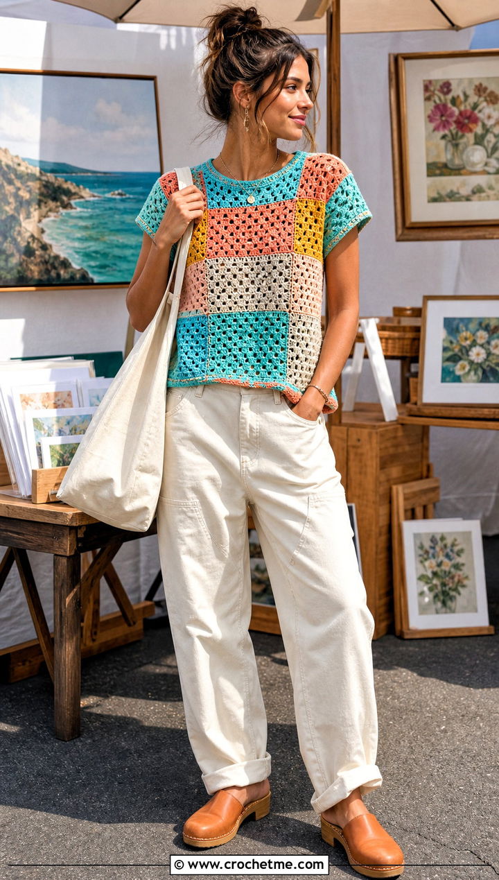 Patchwork Crochet Top With Carpenter Jeans - 25 70S Inspired Crochet Top outfit ideas