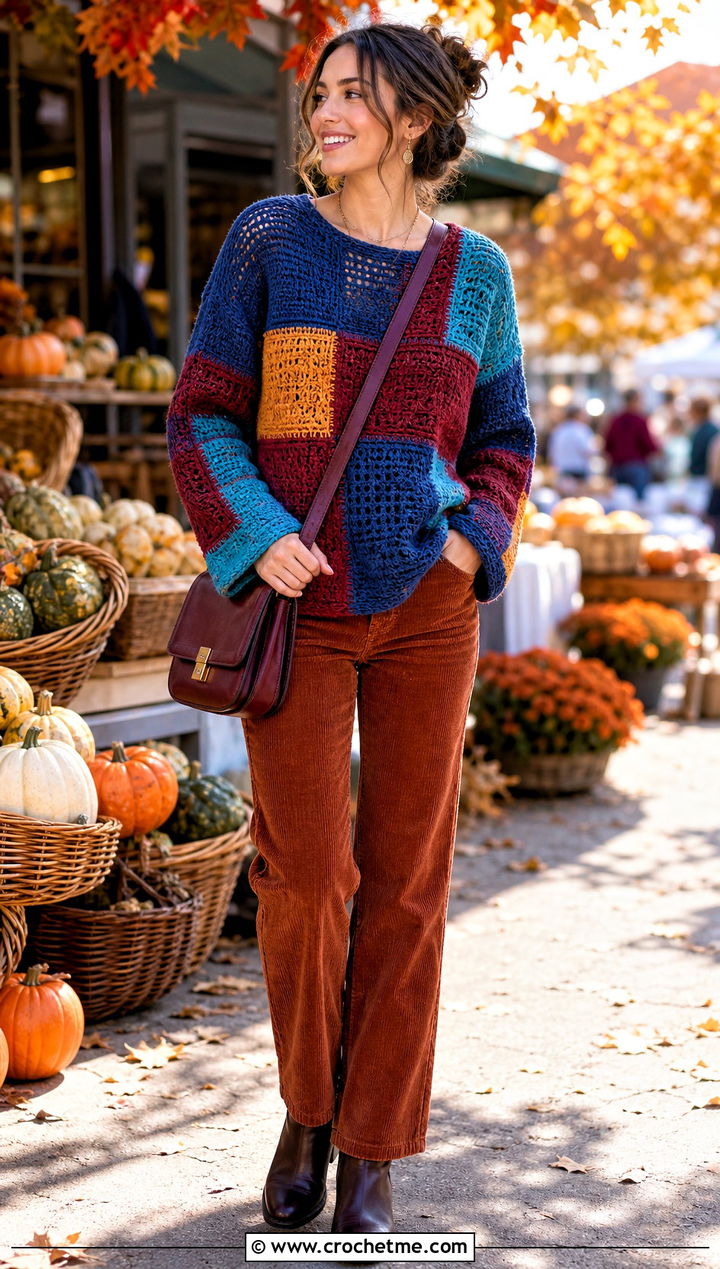 Patchwork Crochet Top With Corduroy Pants - 30 diy crochet top outfit ideas