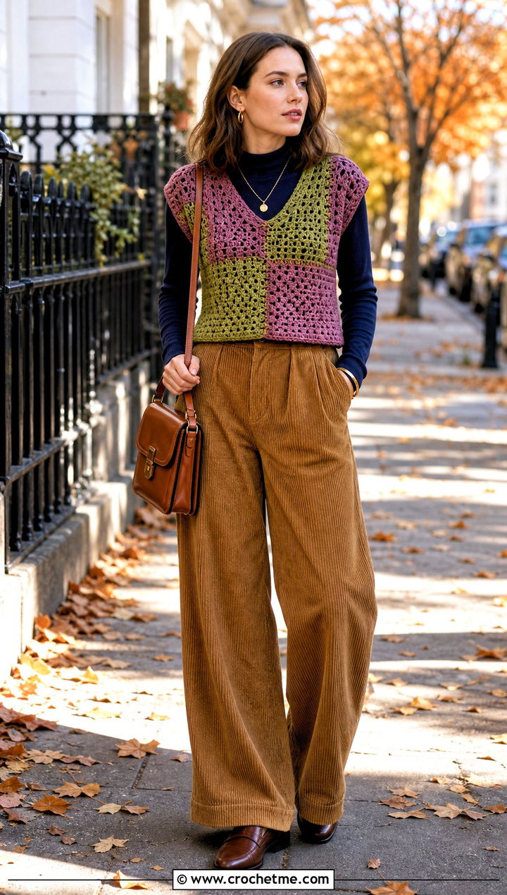 Patchwork Crochet Top With Corduroy Trousers - 30 pink and green crochet top outfit ideas