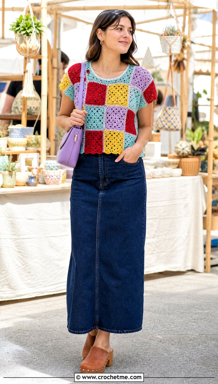 Patchwork Crochet Top With Denim Maxi Skirt - 25 Women's Crochet Tops outfit ideas