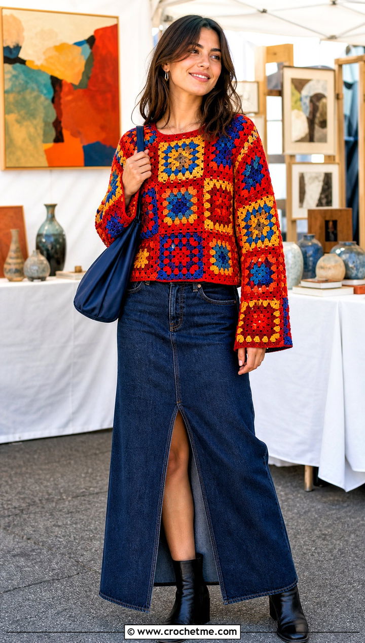 Patchwork Crochet Top With Denim Maxi Skirt - 30 form crochet top outfit ideas