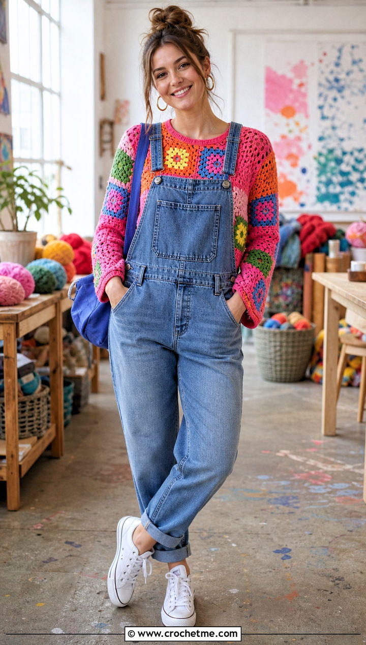 Patchwork Crochet Top With Denim Overalls - 35 Fast Crochet Top outfit ideas