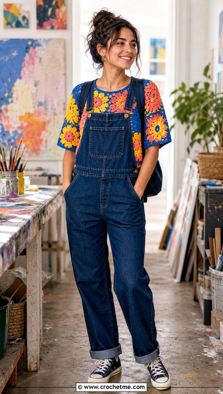 Patchwork Crochet Top With Denim Overalls - 25 vintage crochet tops outfit ideas