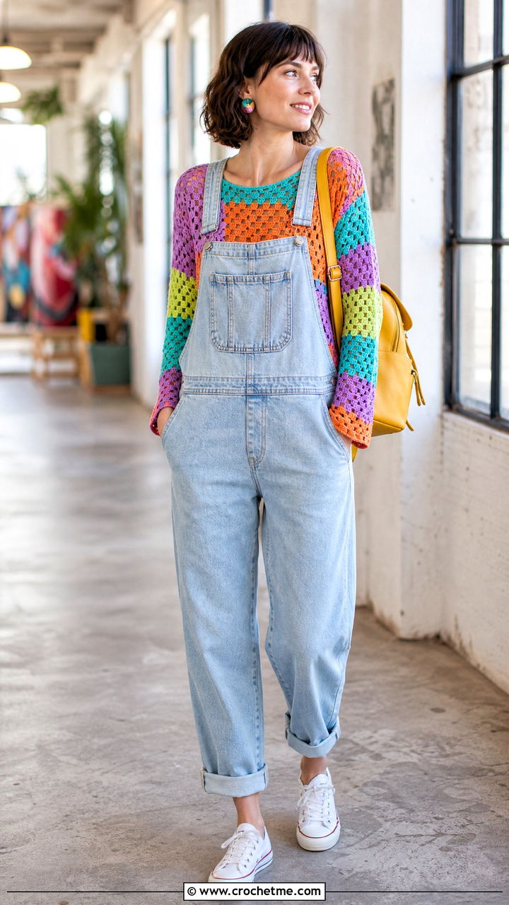 Patchwork Crochet Top With Denim Overalls - 35 aesthetic crochet tops outfit ideas