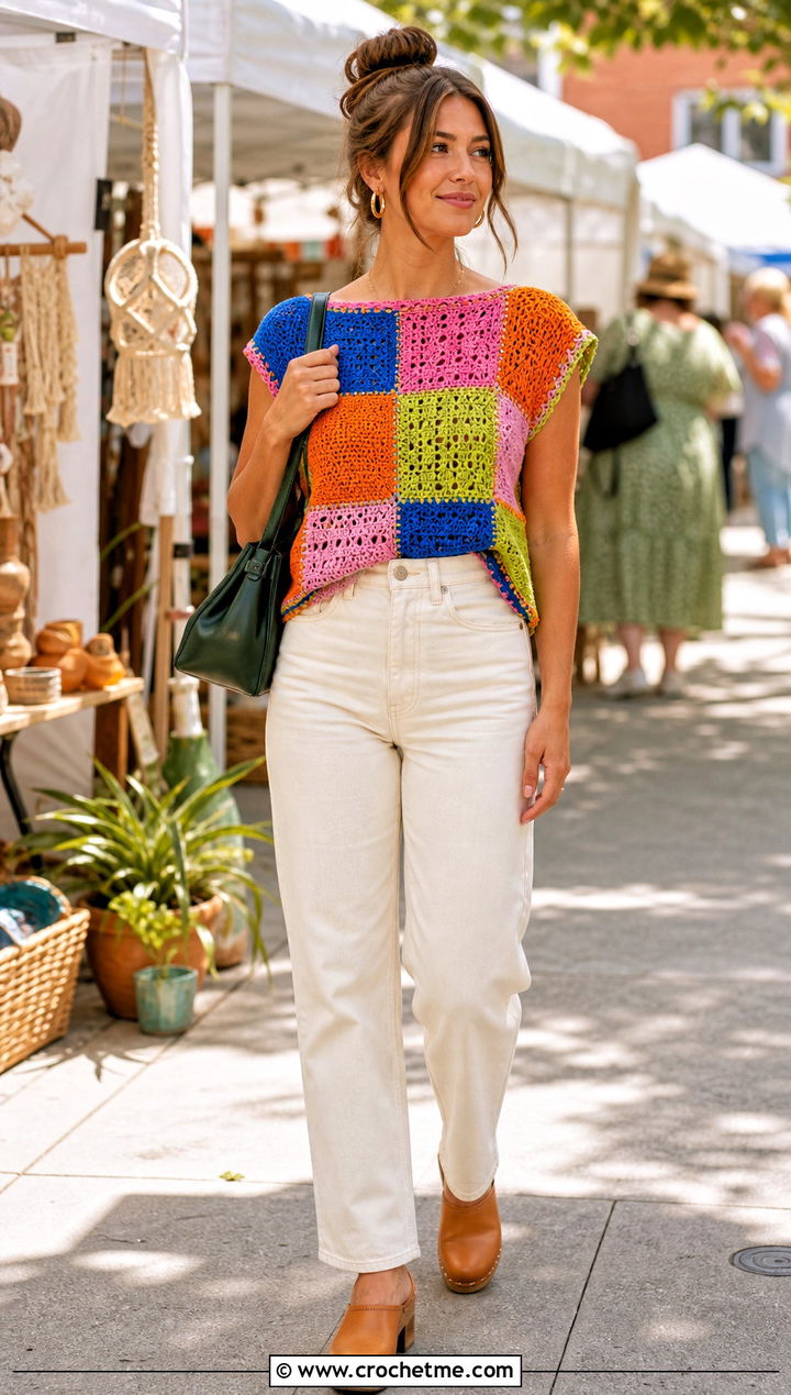 Patchwork Crochet Top With Ecru Jeans - 35 spring crochet top outfit ideas