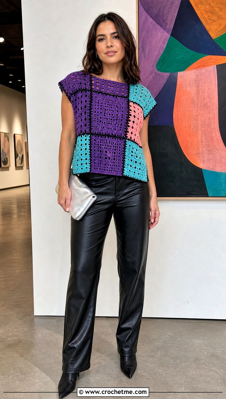 Patchwork Crochet Top With Leather Pants - 35 knitted crochet top outfit ideas