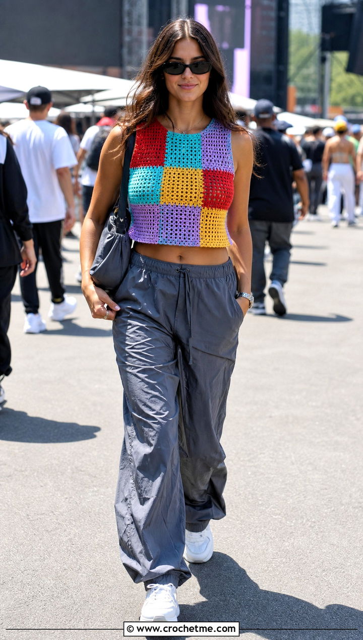 Patchwork Crochet Top With Parachute Pants - 30 crochet summer top for women outfit ideas