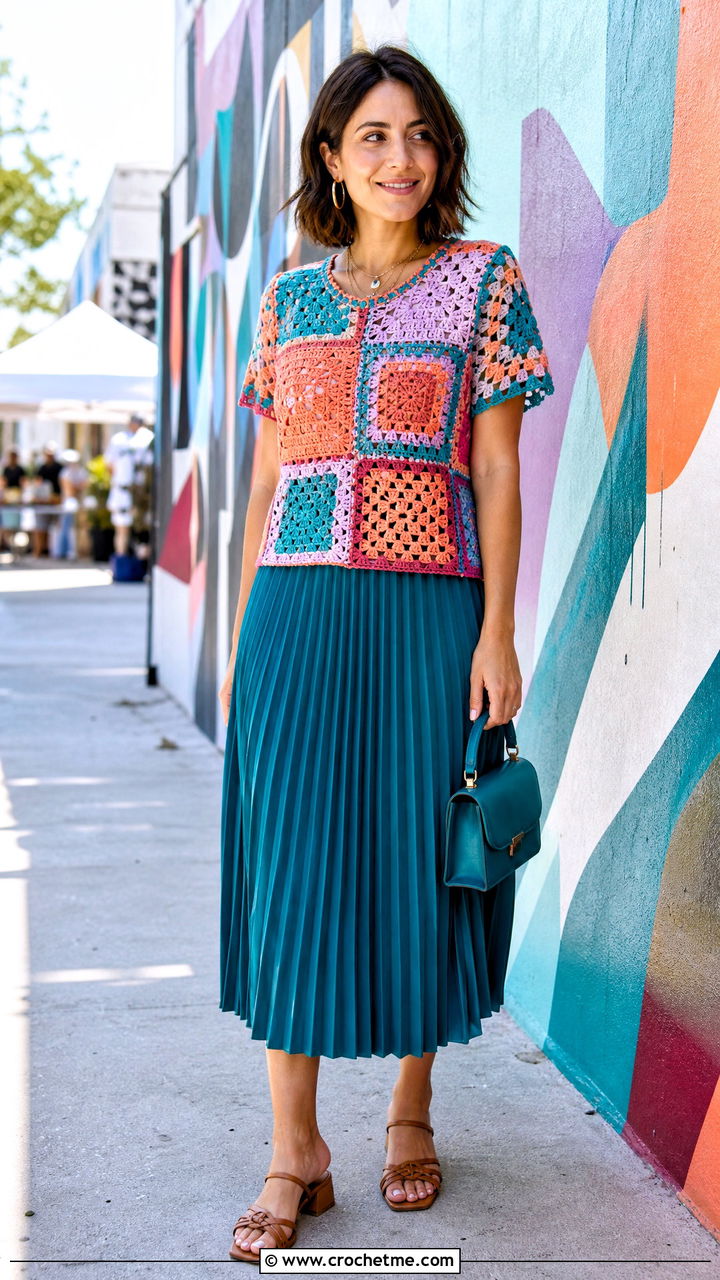 Patchwork Crochet Top With Pleated Skirt - 35 crochet tops for women outfit ideas