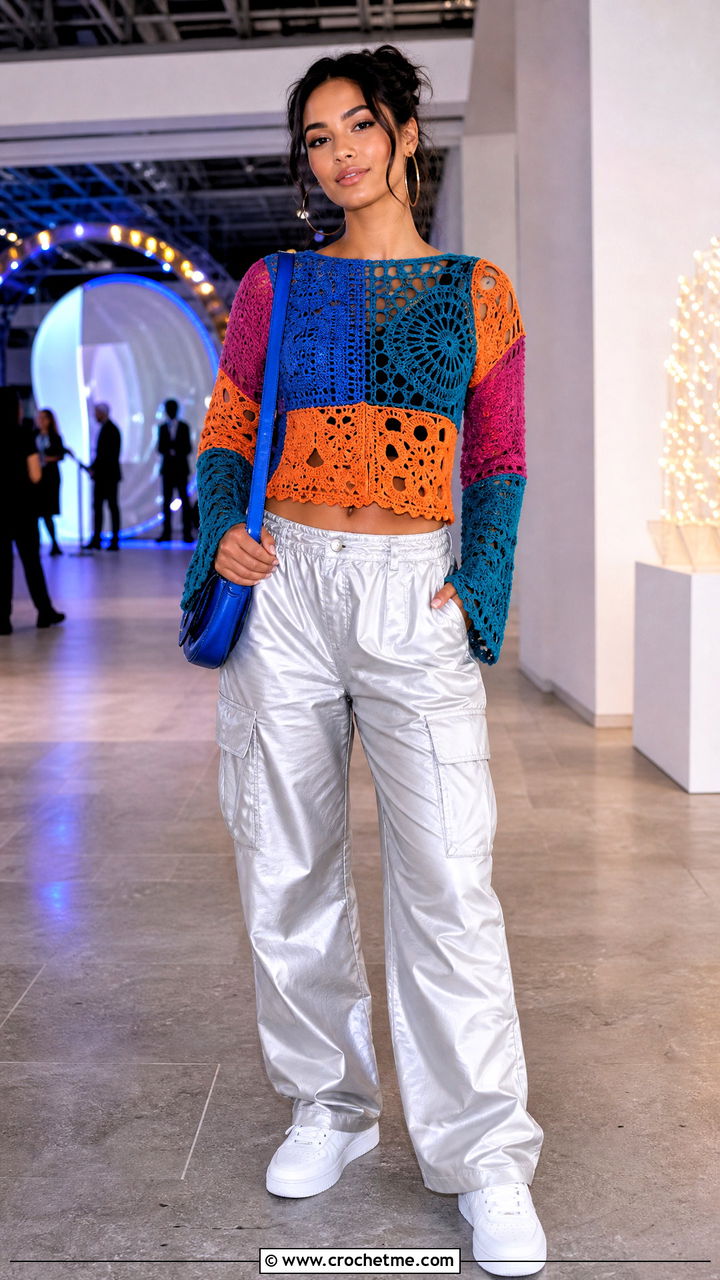 Patchwork Crochet Top With Satin Cargo Pants - 35 coquette crochet top outfit ideas