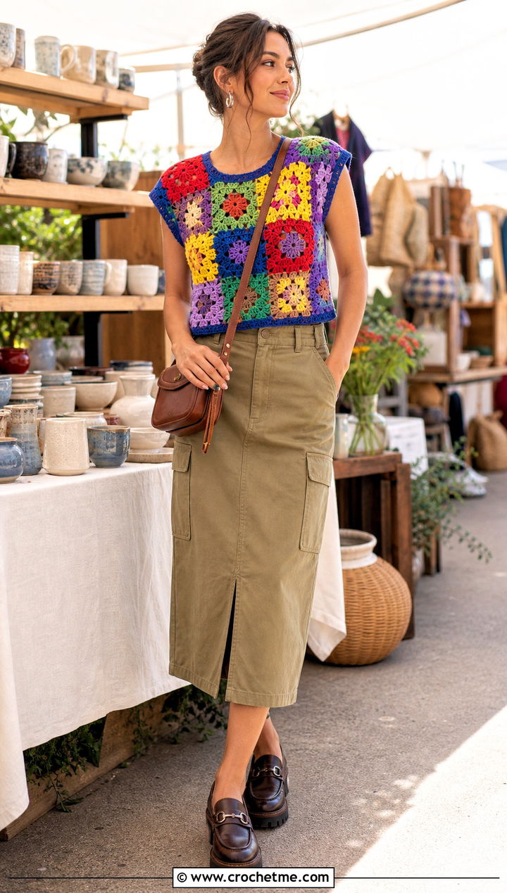 Patchwork Crochet Top With Utility Skirt - 35 style crochet top outfit ideas