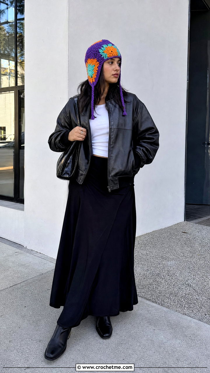 Patchwork Crochet Trapper Hat With Leather Bomber Jacket - 35 Crochet Trapper Hat outfit ideas