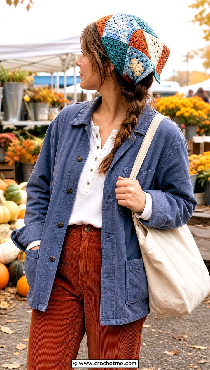 Patchwork Crochet Triangle Hair Scarf With Chore Jacket And Corduroy Pants - 25 crochet triangle hair scarf outfit ideas