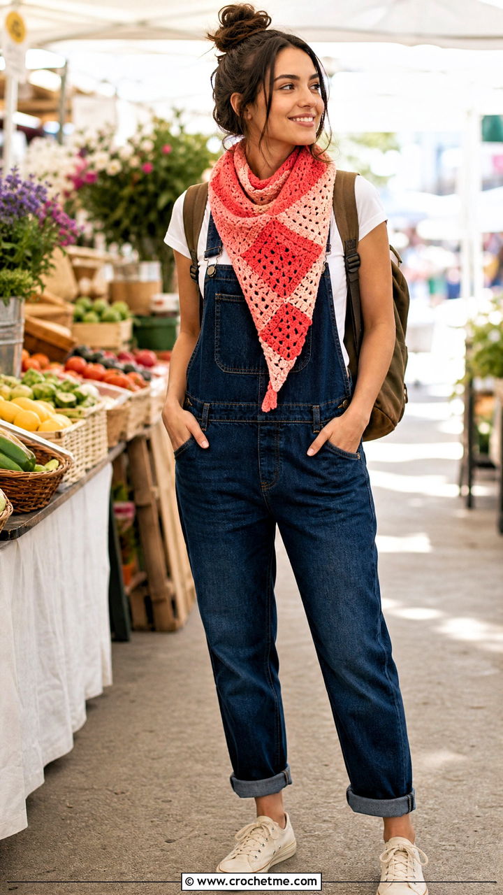 Patchwork Crochet Triangle Scarf With Overalls And Sneakers - 35 crochet triangle scarf outfit ideas