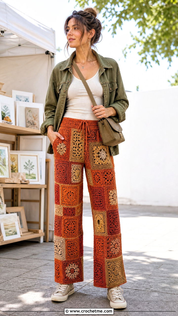 Patchwork Crochet Trousers With Utility Jacket - 35 crochet trousers outfit ideas