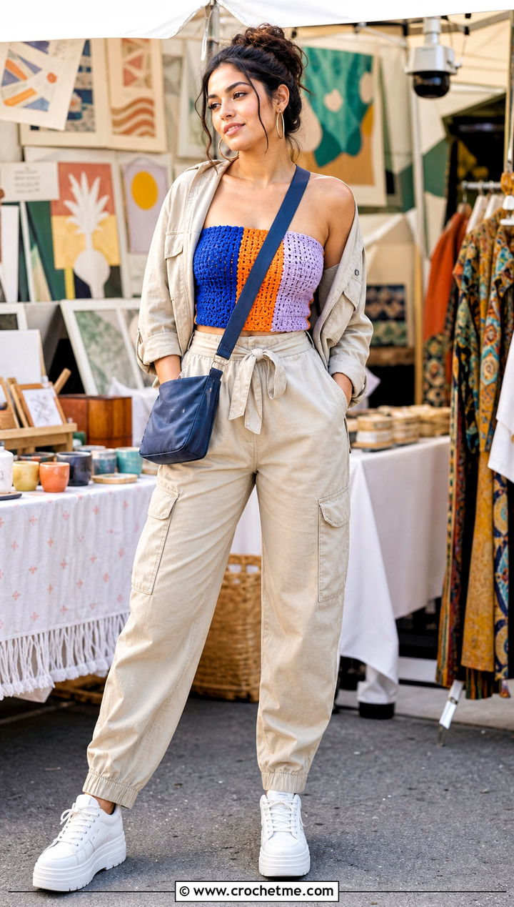 Patchwork Crochet Tube Top Under A Utility Jumpsuit - 35 crochet tube tops outfit ideas