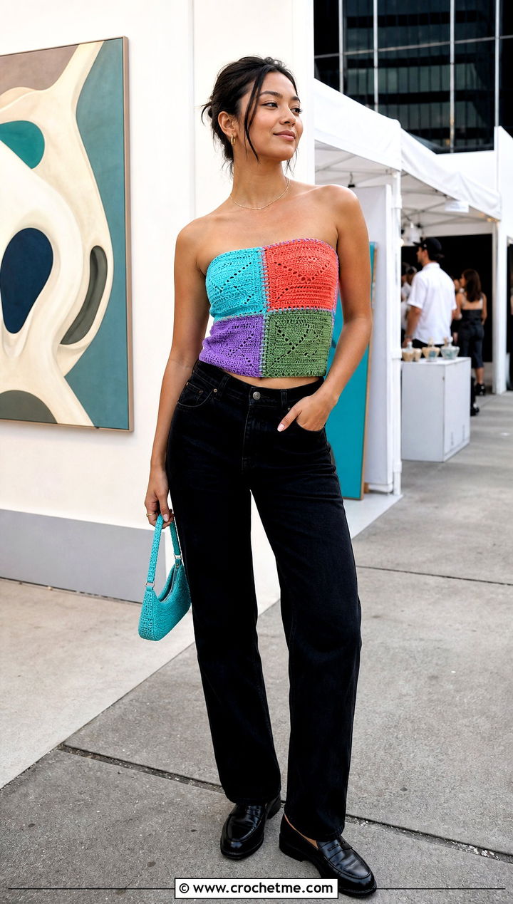 Patchwork Crochet Tube Top With Black Jeans - 35 strapless crochet top outfit ideas