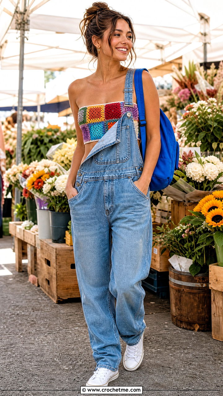 Patchwork Crochet Tube Top With Denim Overalls - 35 crochet tube top outfit ideas